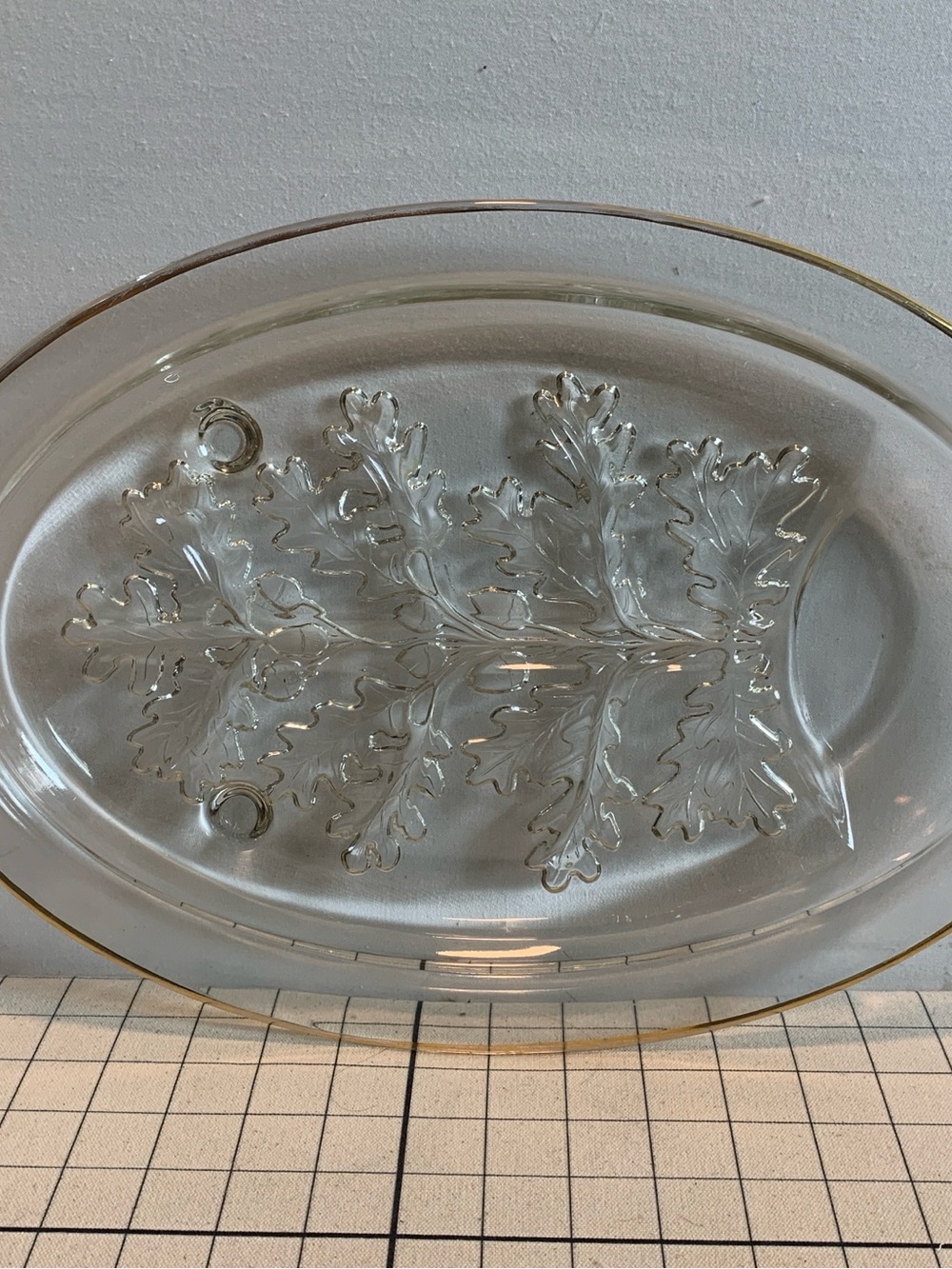 Vintage Mid Century Clear Glass “Tree of Life” Oval Meat Platter with Gold Trim